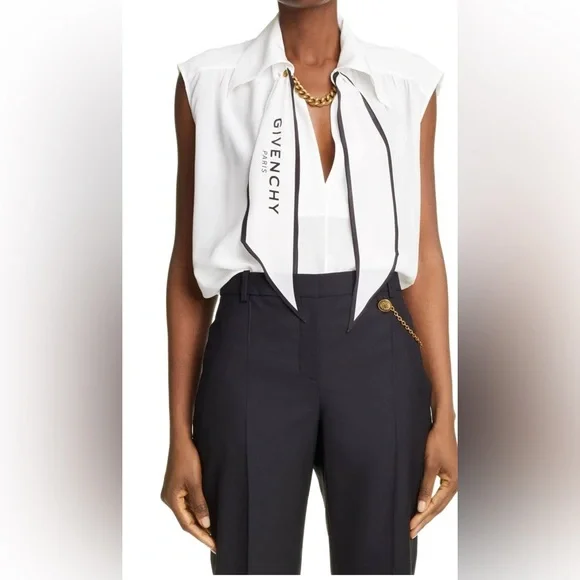 GIVENCHY white silk logo scarf collared sleeveless blouse fr 42 /USA 10 - Picture 1 of 16